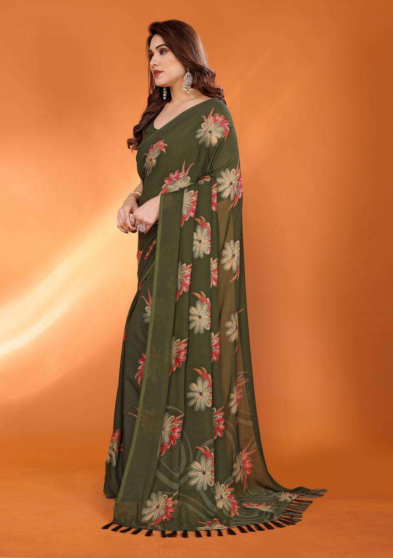 Mahendi Satin Saree Set with Printed for Diwali | Wedding & Festive Wear - Indya