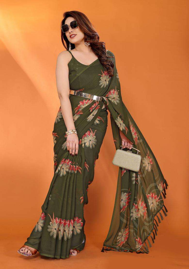 Mahendi Satin Saree Set with Printed for Diwali | Wedding & Festive Wear - Indya