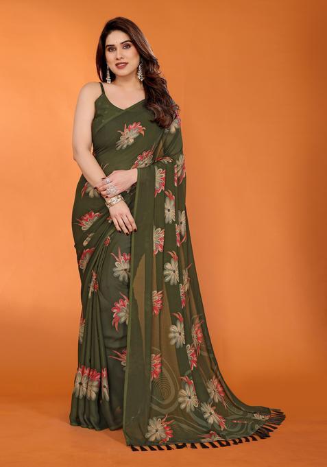 Mahendi Printed Satin Saree Set