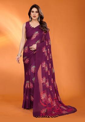 PURPLE Printed Satin Saree Set