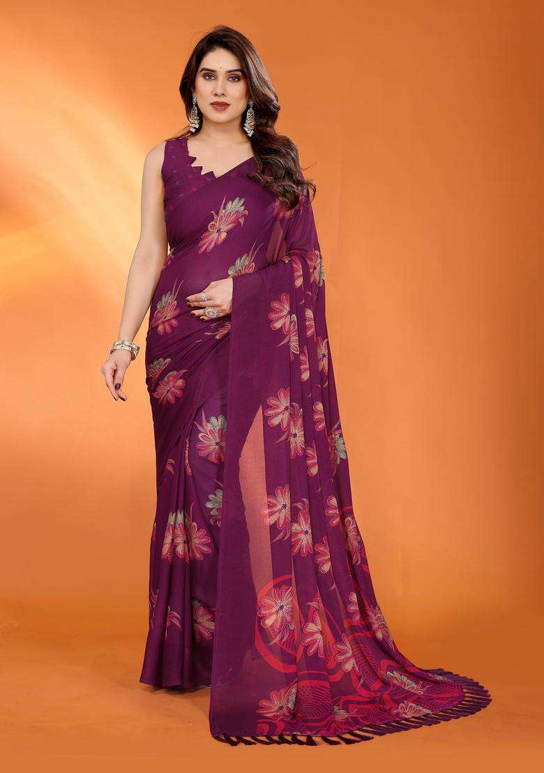 PURPLE Printed Satin Saree Set for Diwali and Festive Wear - Indya