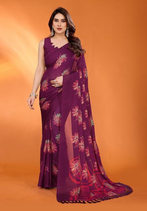 PURPLE Printed Satin Saree Set