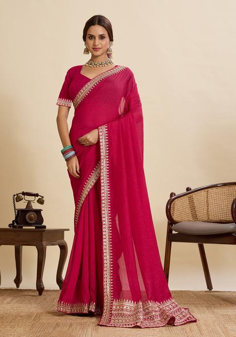 Pink Zari Work Silk Saree Set