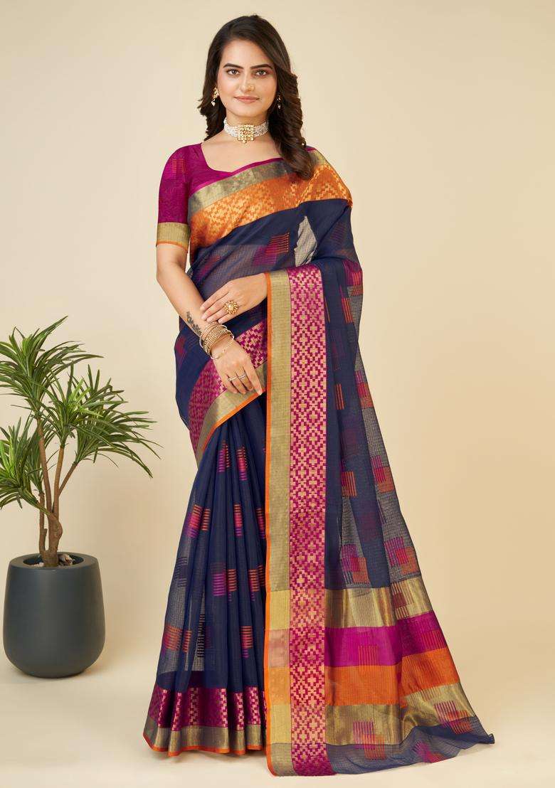Multicolor Zari Work Silk Saree Set - Indya