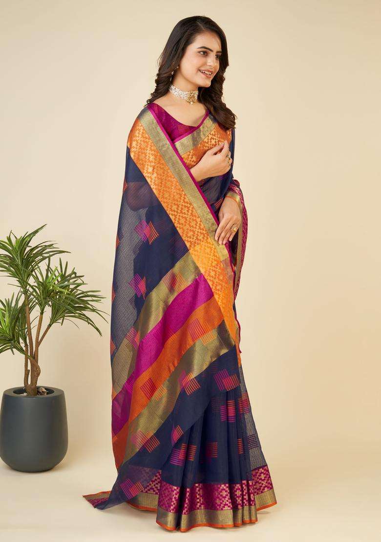 Multicolor Zari Work Silk Saree Set - Indya