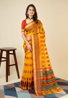 YELLOW Zari Work Silk Saree Set