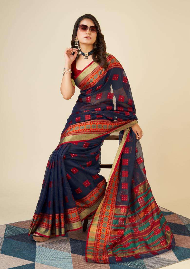 NAVY BLUE Zari Work Silk Saree Set - Indya