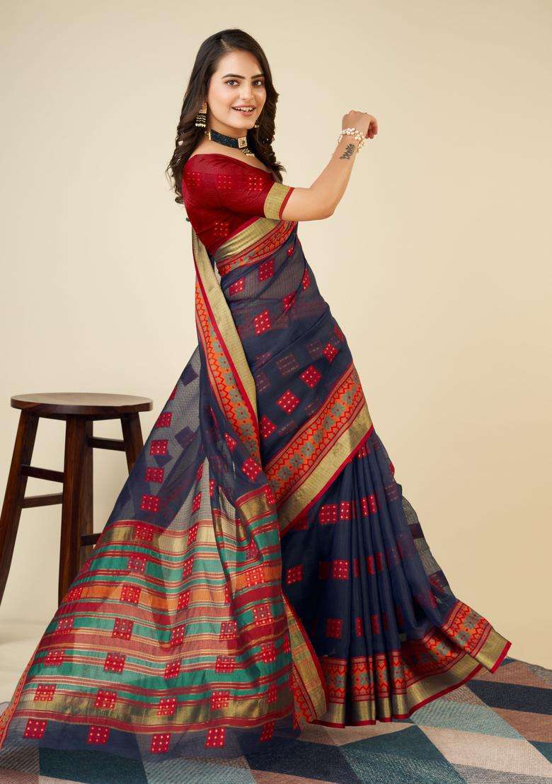NAVY BLUE Zari Work Silk Saree Set - Indya