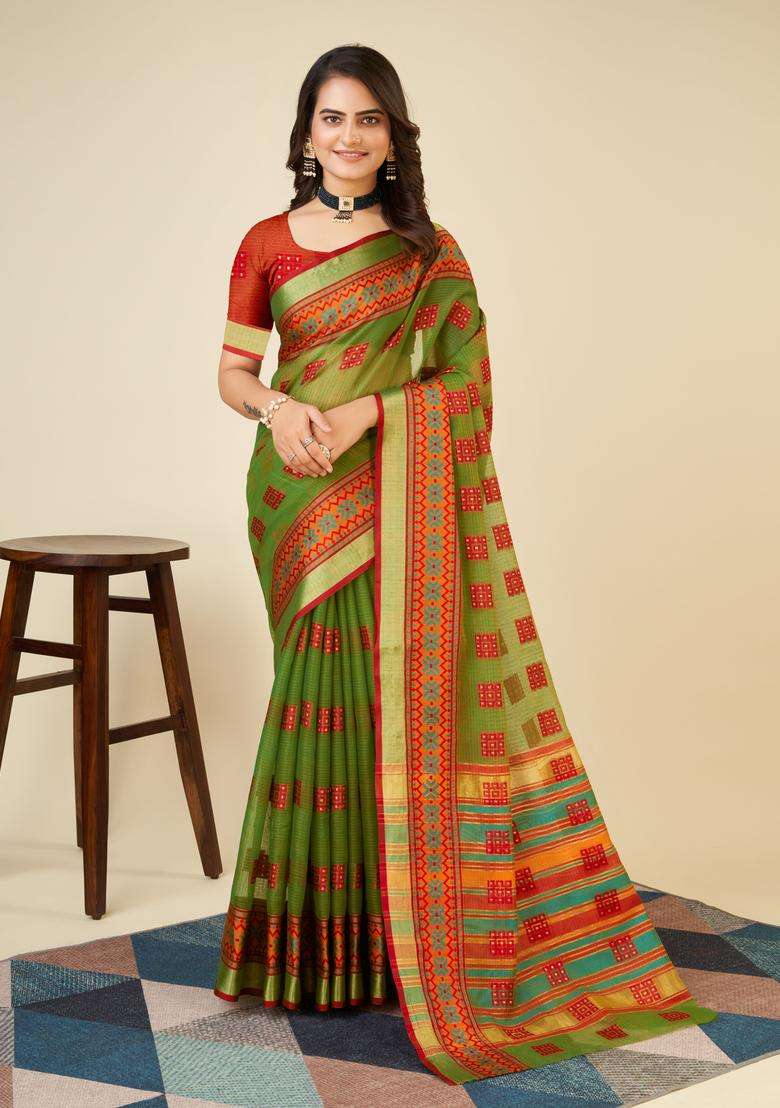 MEHENDI Zari Work Silk Saree Set - Indya
