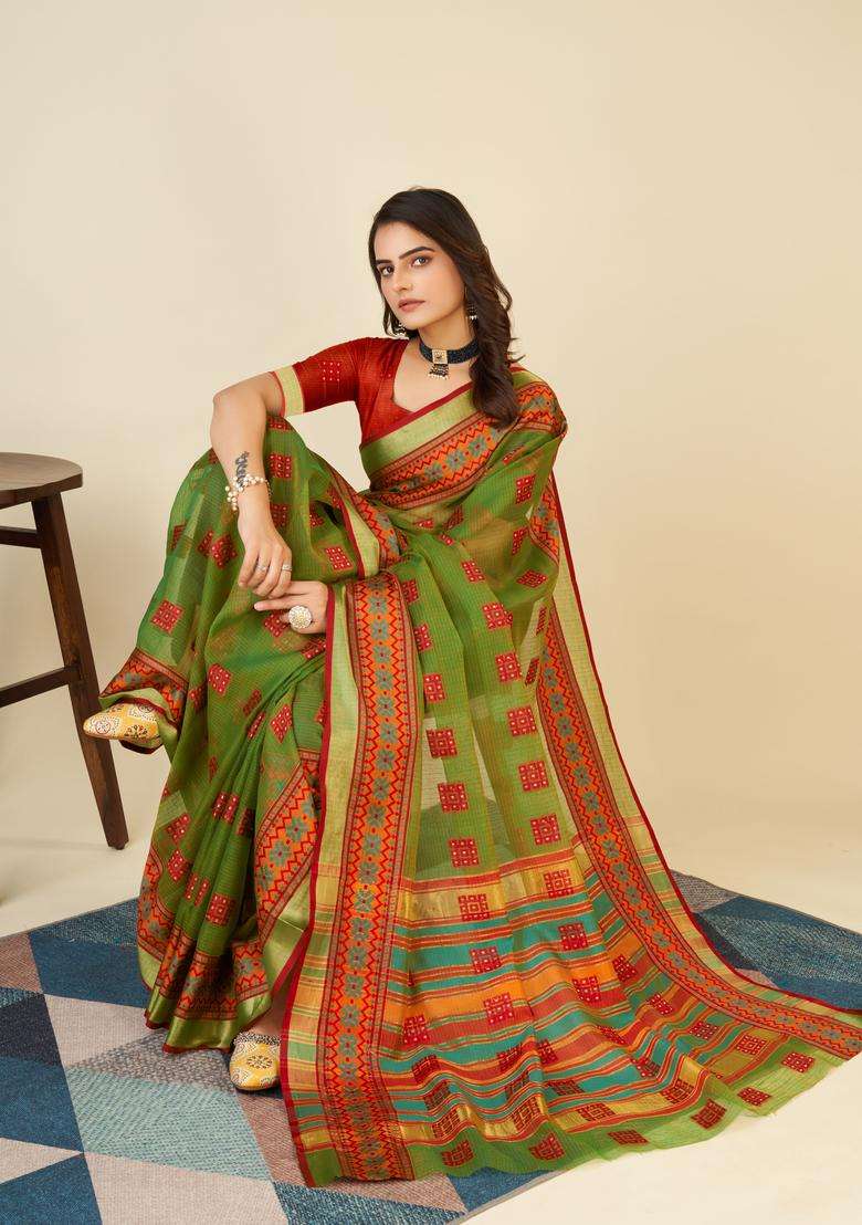 MEHENDI Zari Work Silk Saree Set - Indya