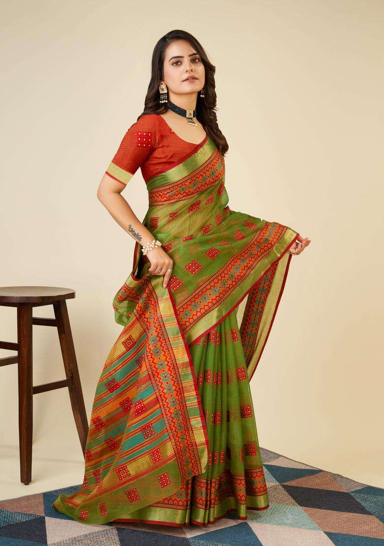 MEHENDI Zari Work Silk Saree Set - Indya