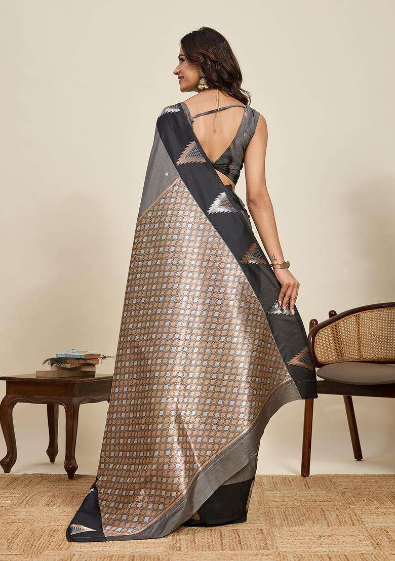 GREY AND BLACK Zari Work Silk Blend Saree Set for Diwali and Festive Wear - Indya