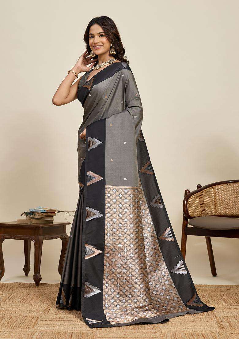 GREY AND BLACK Zari Work Silk Blend Saree Set for Diwali and Festive Wear - Indya
