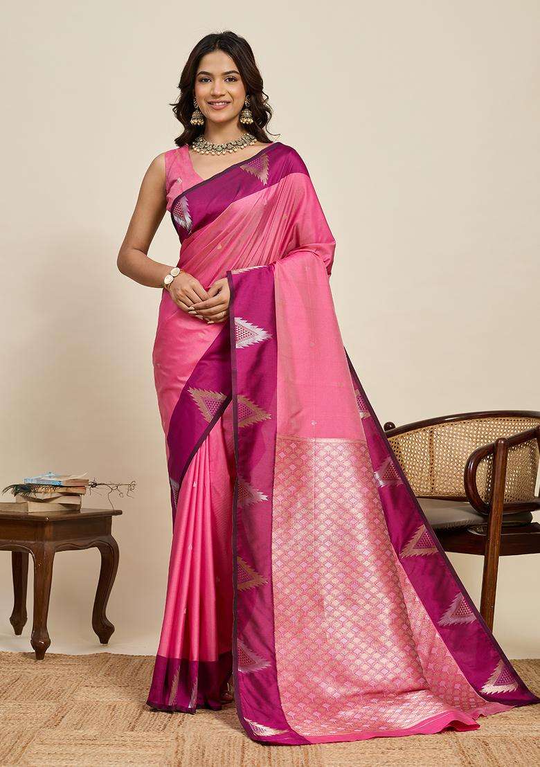 Pink Zari Work Silk Blend Saree Set for Diwali and Festive Wear - Indya