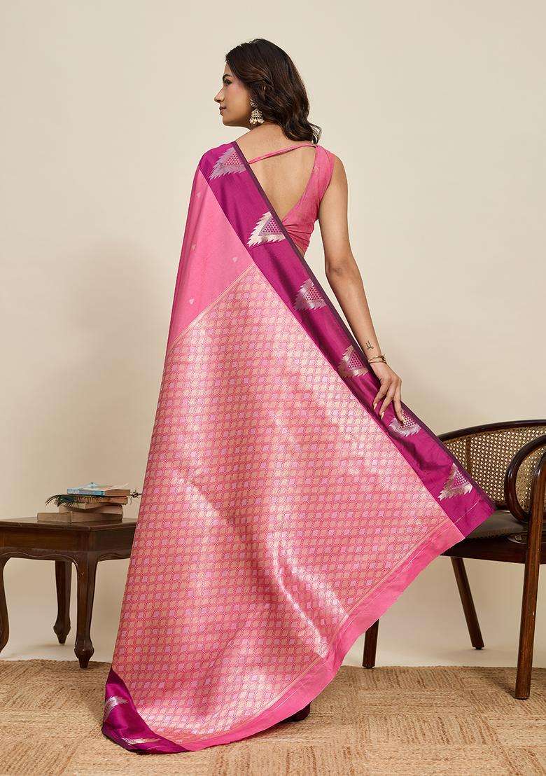 Pink Zari Work Silk Blend Saree Set for Diwali and Festive Wear - Indya