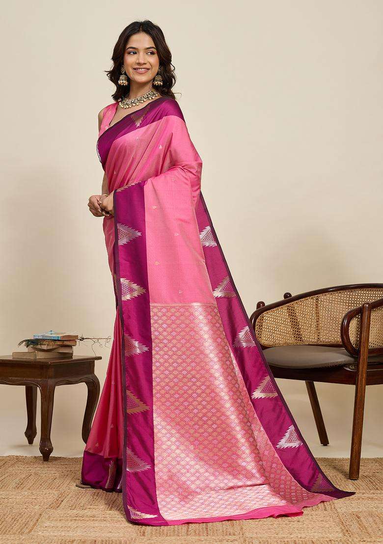 Pink Zari Work Silk Blend Saree Set for Diwali and Festive Wear - Indya