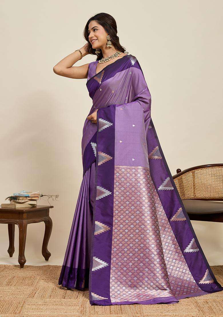 Purple Zari Work Silk Blend Saree Set - Indya