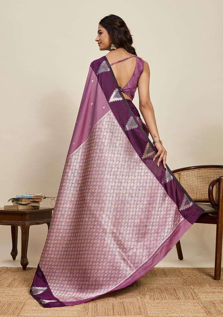 Peach Silk Blend Saree Set with Zari Work for Diwali | Wedding & Festive Wear - Indya
