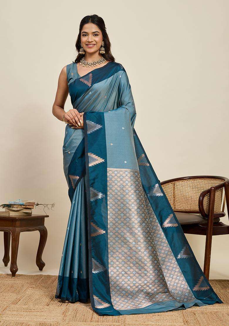 RAMA Zari Work Silk Blend Saree Set for Diwali and Festive Wear - Indya
