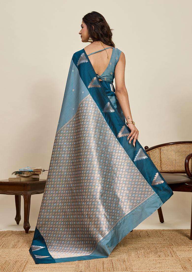 RAMA Zari Work Silk Blend Saree Set for Diwali and Festive Wear - Indya