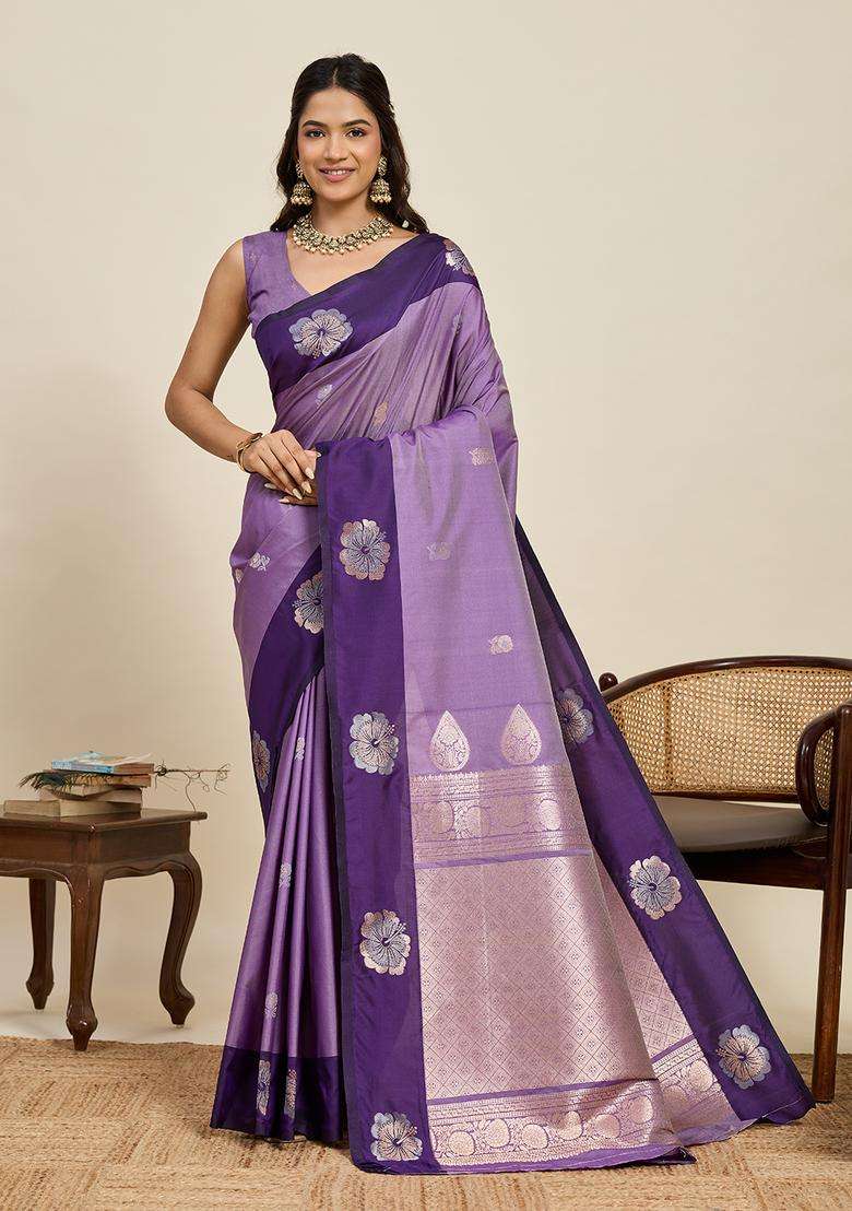 Purple Zari Work Silk Blend Saree Set for Diwali and Festive Wear - Indya