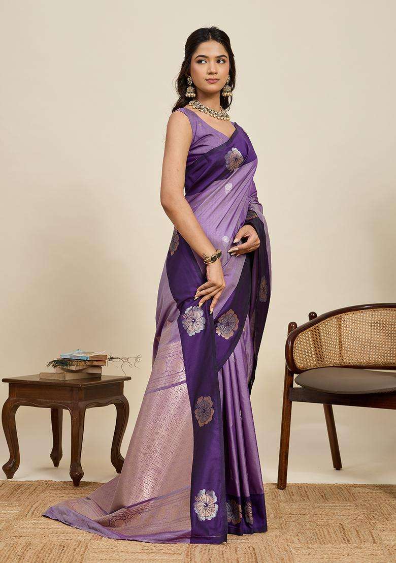 Purple Zari Work Silk Blend Saree Set for Diwali and Festive Wear - Indya