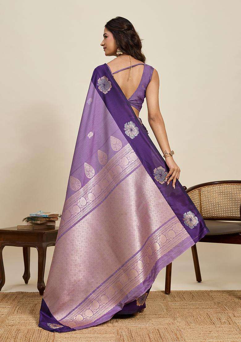 Purple Zari Work Silk Blend Saree Set for Diwali and Festive Wear - Indya