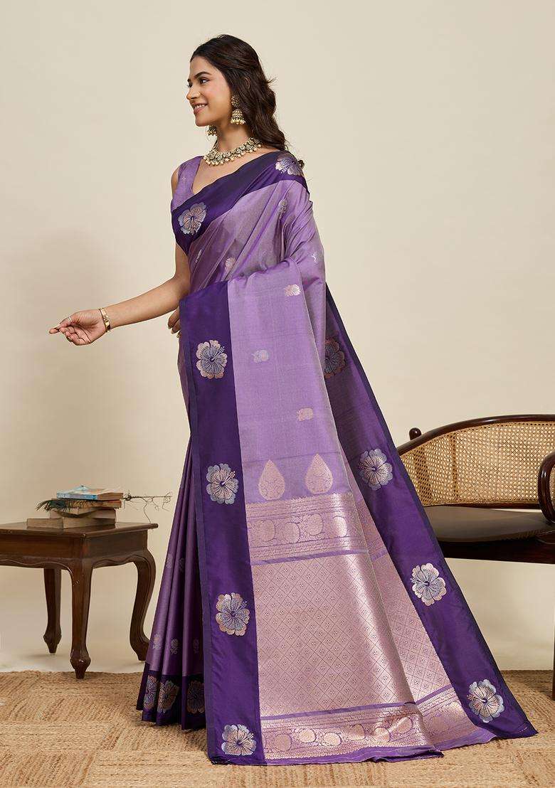 Purple Zari Work Silk Blend Saree Set for Diwali and Festive Wear - Indya