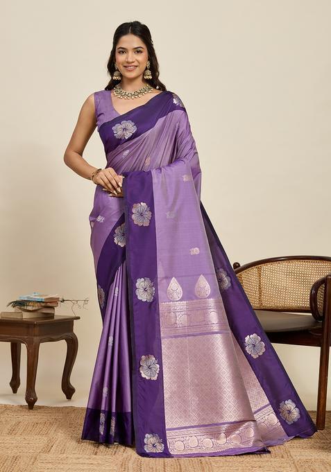 Purple Zari Work Silk Saree Set
