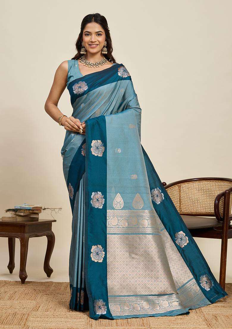 RAMA Zari Work Silk Blend Saree Set for Diwali and Festive Wear - Indya