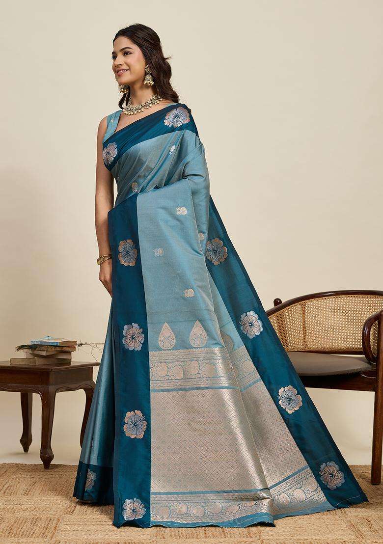 RAMA Zari Work Silk Blend Saree Set for Diwali and Festive Wear - Indya