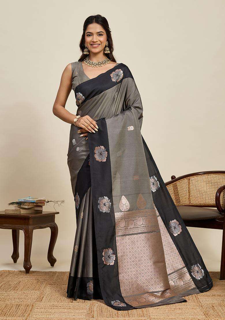 GREY Zari Work Silk Blend Saree Set for Diwali and Festive Wear - Indya