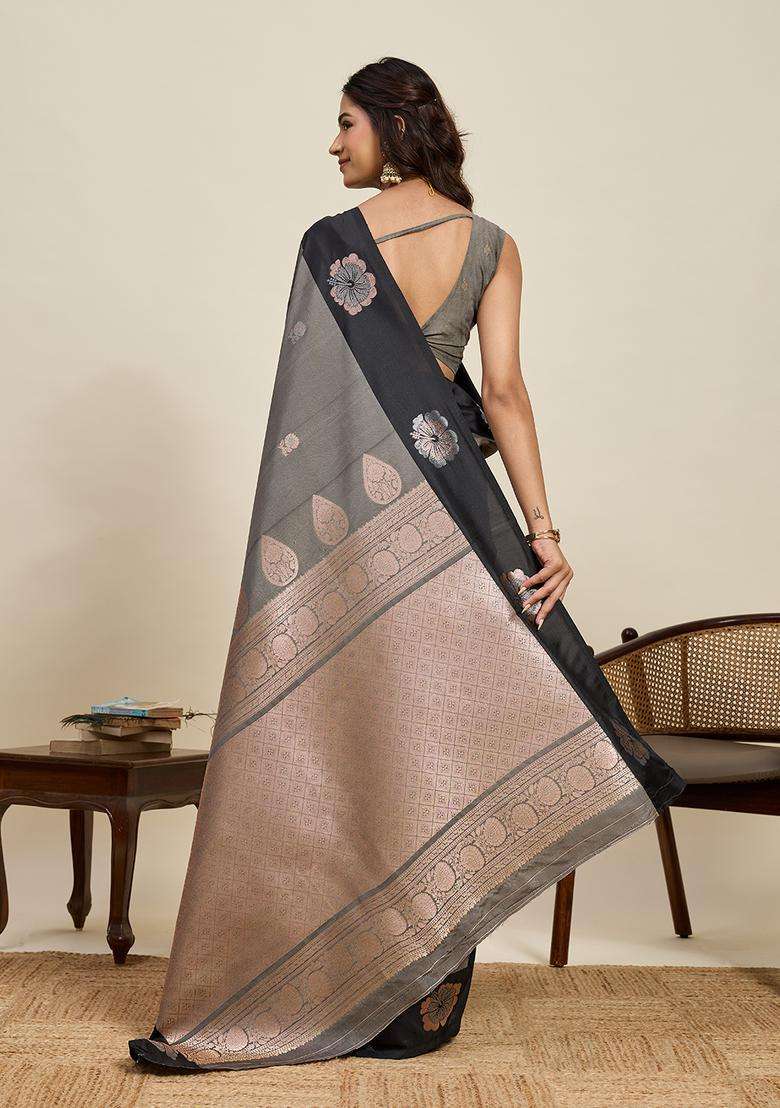 GREY Zari Work Silk Blend Saree Set for Diwali and Festive Wear - Indya