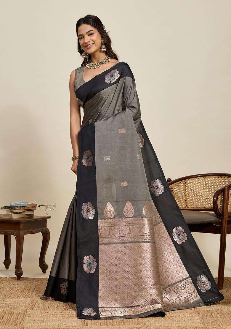 GREY Zari Work Silk Blend Saree Set for Diwali and Festive Wear - Indya