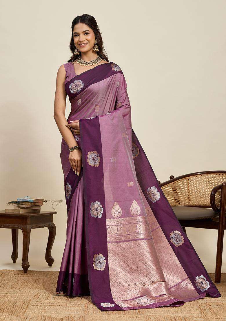 Purple Silk Blend Saree Set with Zari Work for Diwali | Wedding & Festive Wear - Indya