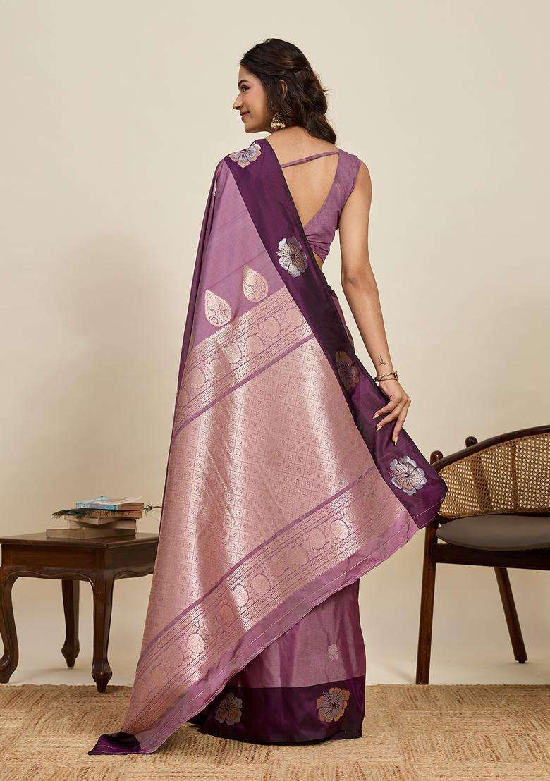 Purple Silk Blend Saree Set with Zari Work for Diwali | Wedding & Festive Wear - Indya