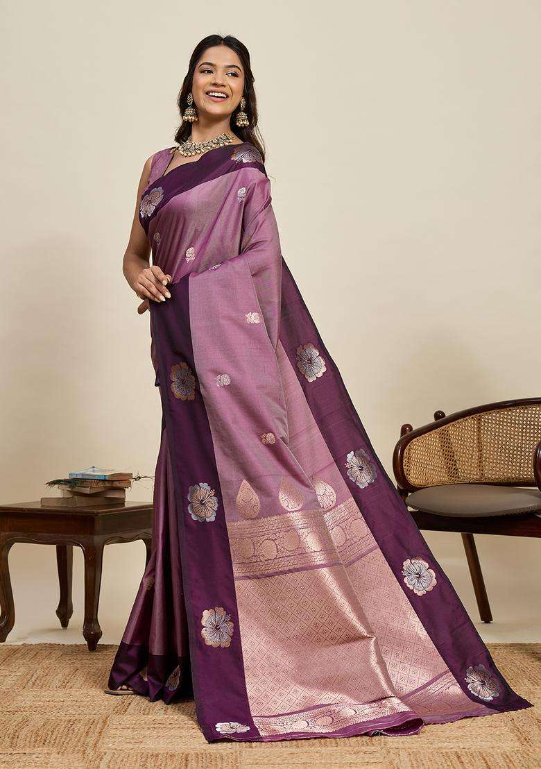 Purple Silk Blend Saree Set with Zari Work for Diwali | Wedding & Festive Wear - Indya
