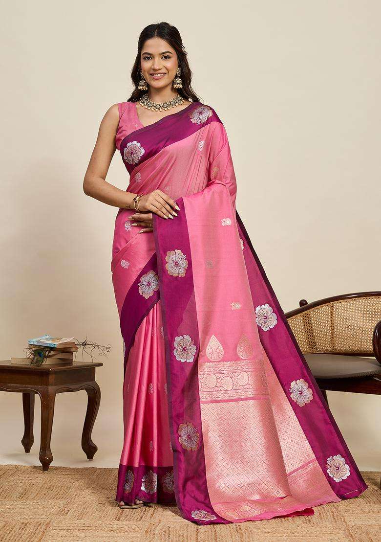Pink Zari Work Silk Blend Saree Set for Diwali and Festive Wear - Indya