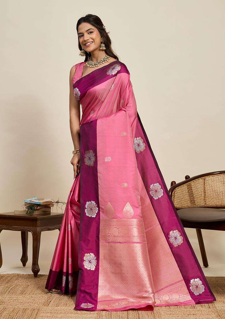 Pink Zari Work Silk Blend Saree Set for Diwali and Festive Wear - Indya