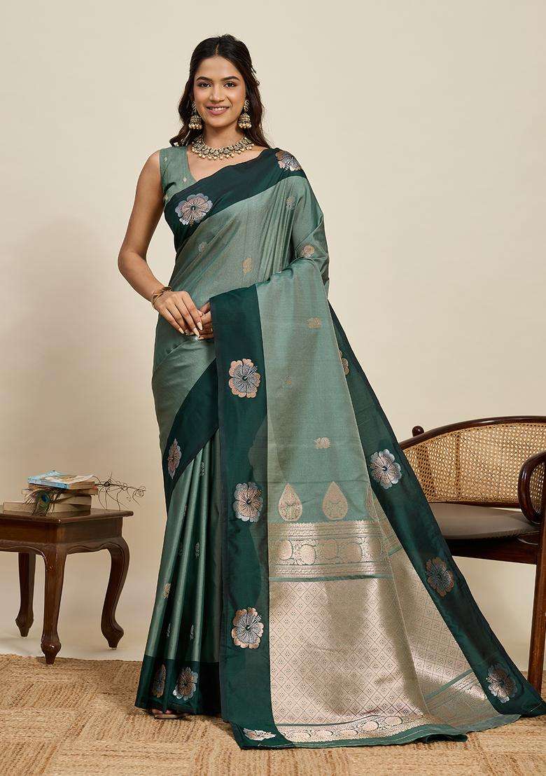 Green Zari Work Silk Blend Saree Set for Diwali and Festive Wear - Indya
