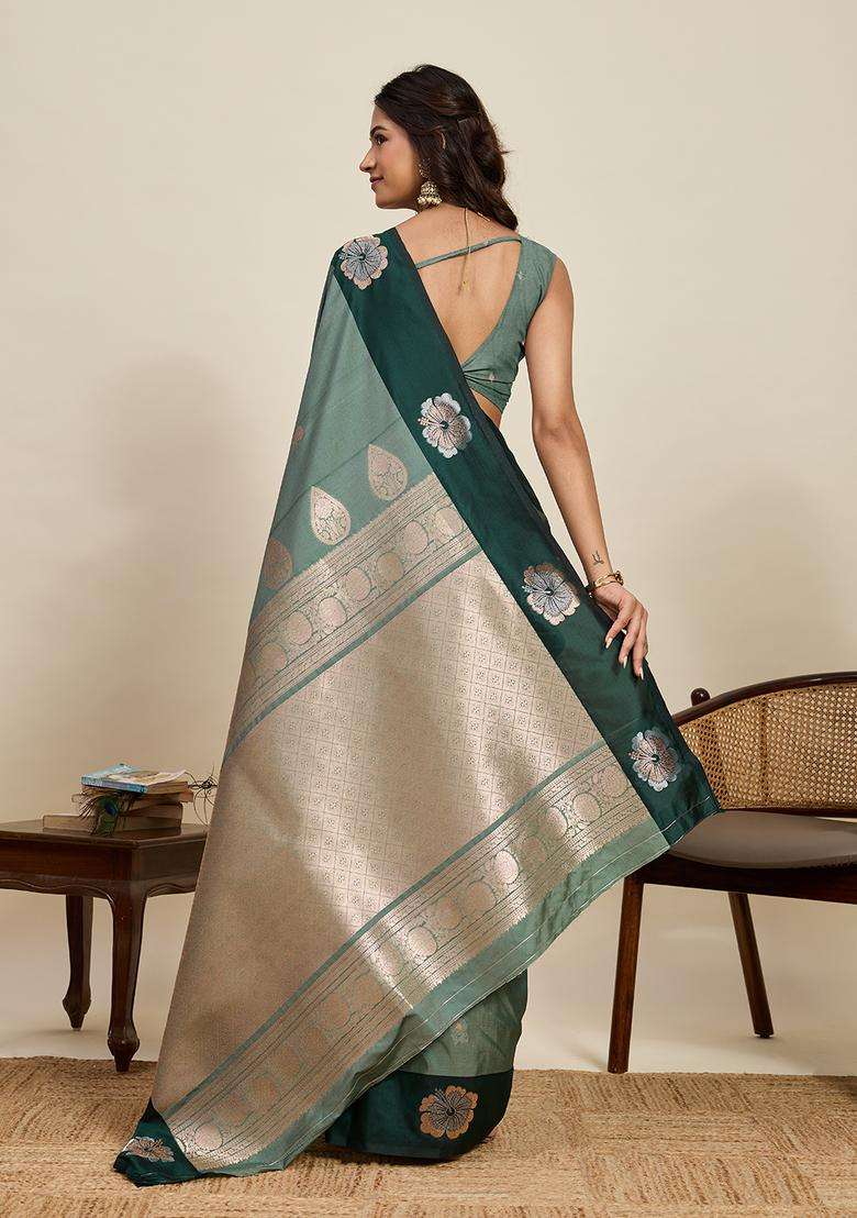 Green Zari Work Silk Blend Saree Set for Diwali and Festive Wear - Indya