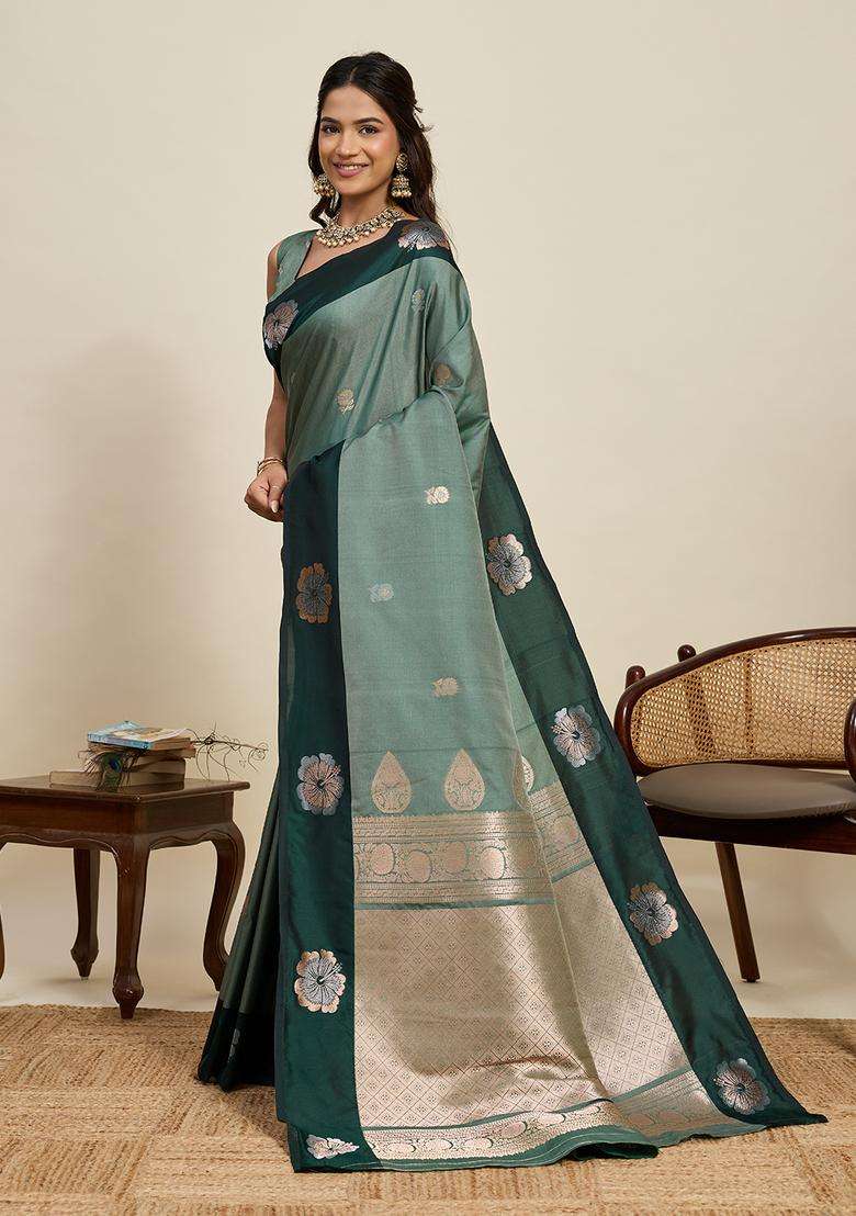 Green Zari Work Silk Blend Saree Set for Diwali and Festive Wear - Indya