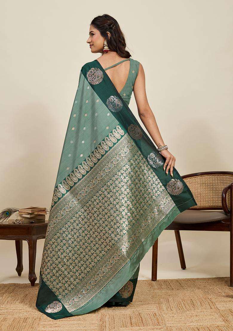 Green Zari Work Silk Blend Saree Set for Diwali and Festive Wear - Indya