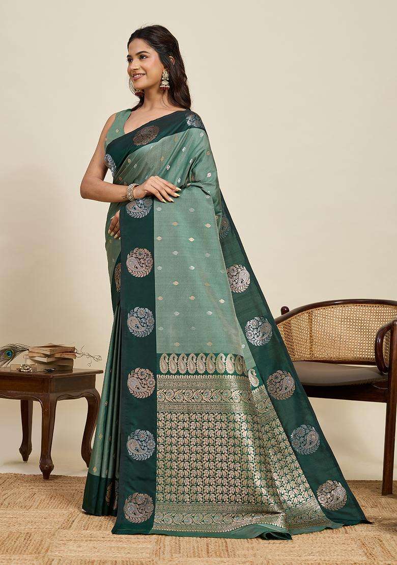 Green Zari Work Silk Blend Saree Set for Diwali and Festive Wear - Indya