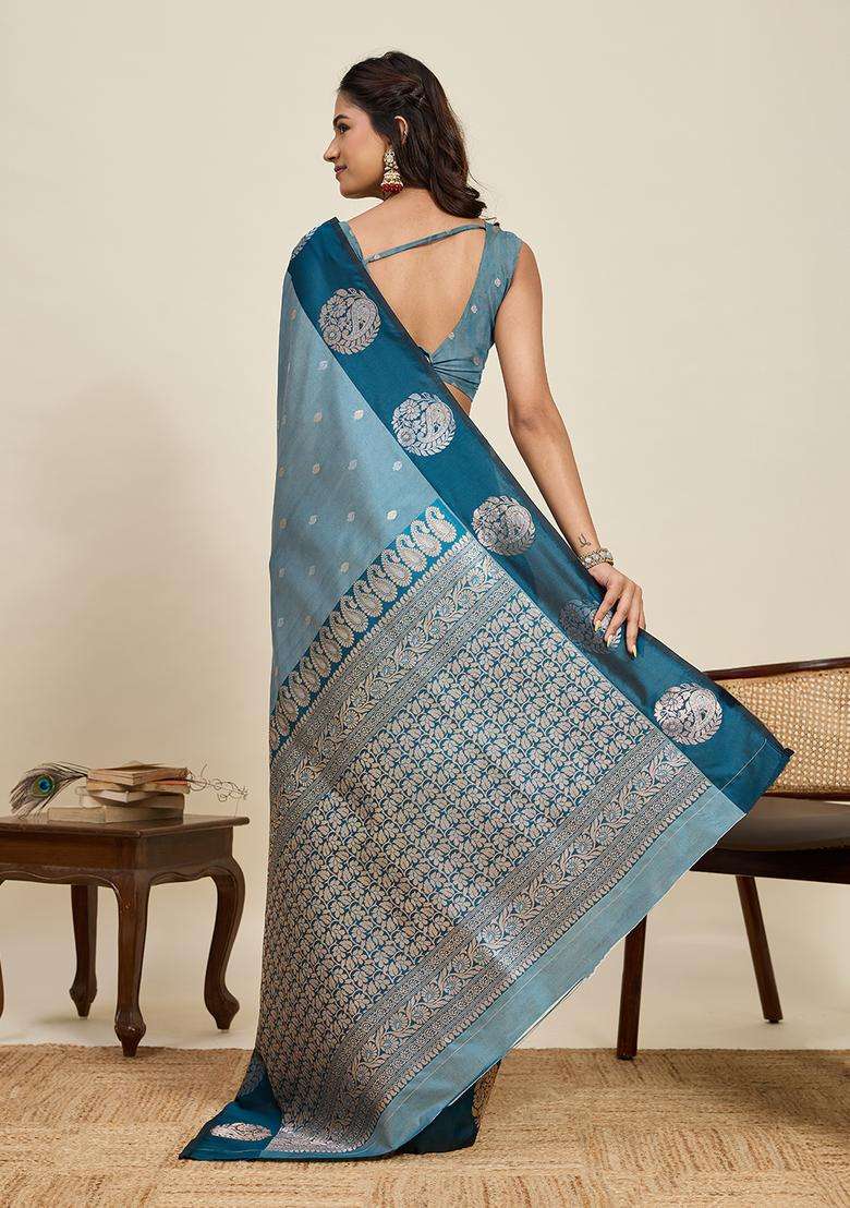 RAMA Zari Work Silk Blend Saree Set for Diwali and Festive Wear - Indya