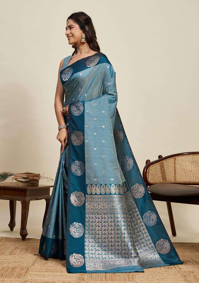 RAMA Zari Work Silk Blend Saree Set for Diwali and Festive Wear - Indya