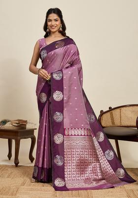 Purple Zari Work Silk Saree Set