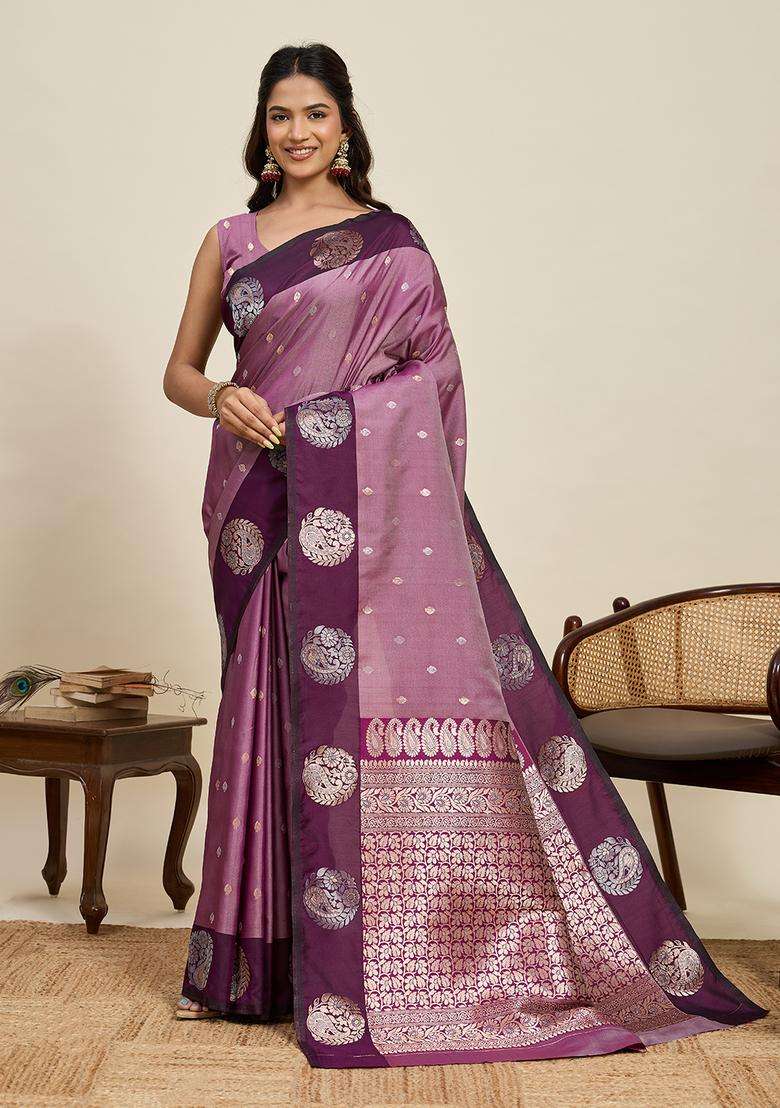 Purple Zari Work Silk Blend Saree Set for Diwali and Festive Wear - Indya