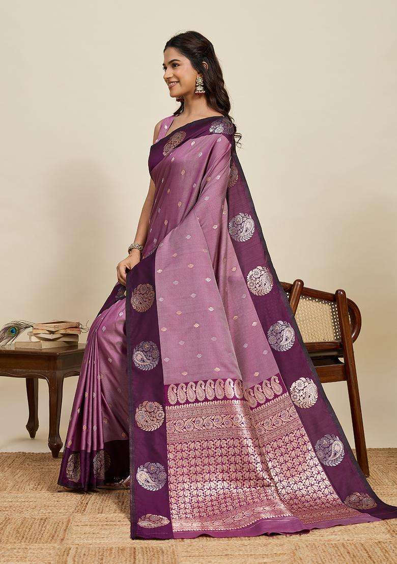 Purple Zari Work Silk Blend Saree Set for Diwali and Festive Wear - Indya