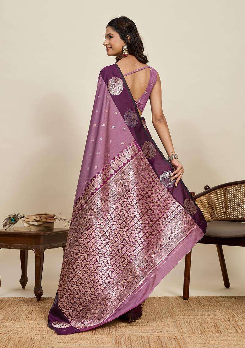 Purple Zari Work Silk Blend Saree Set for Diwali and Festive Wear - Indya